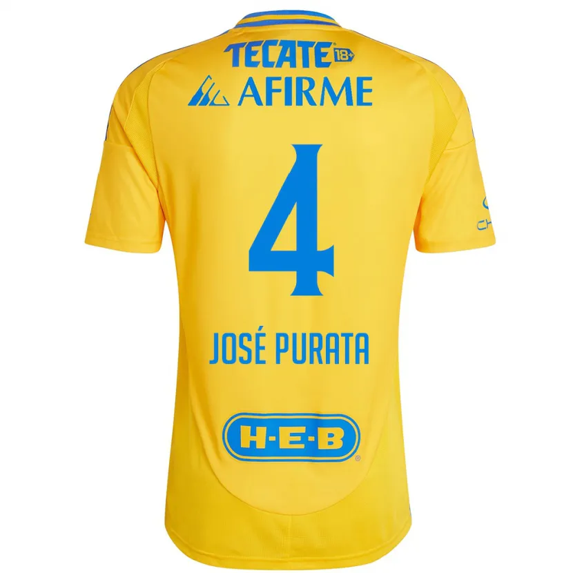 Danxen Enfant Maillot Juan José Purata #4 Or Jaune Tenues Domicile 2024/25 T-Shirt