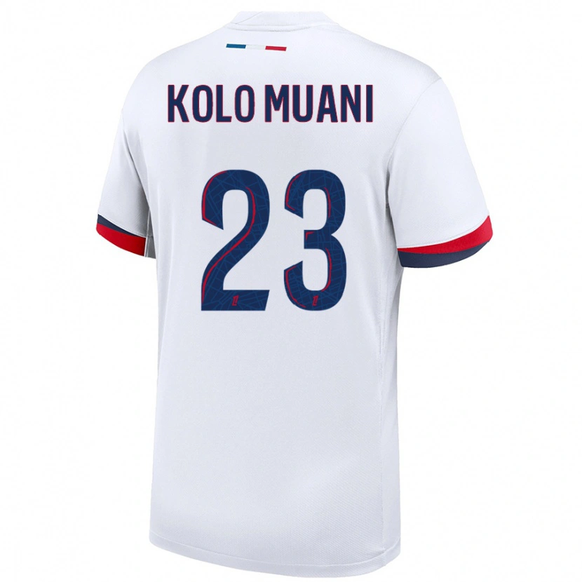 Danxen Enfant Maillot Randal Kolo Muani #23 Blanc Bleu Rouge Tenues Extérieur 2024/25 T-Shirt