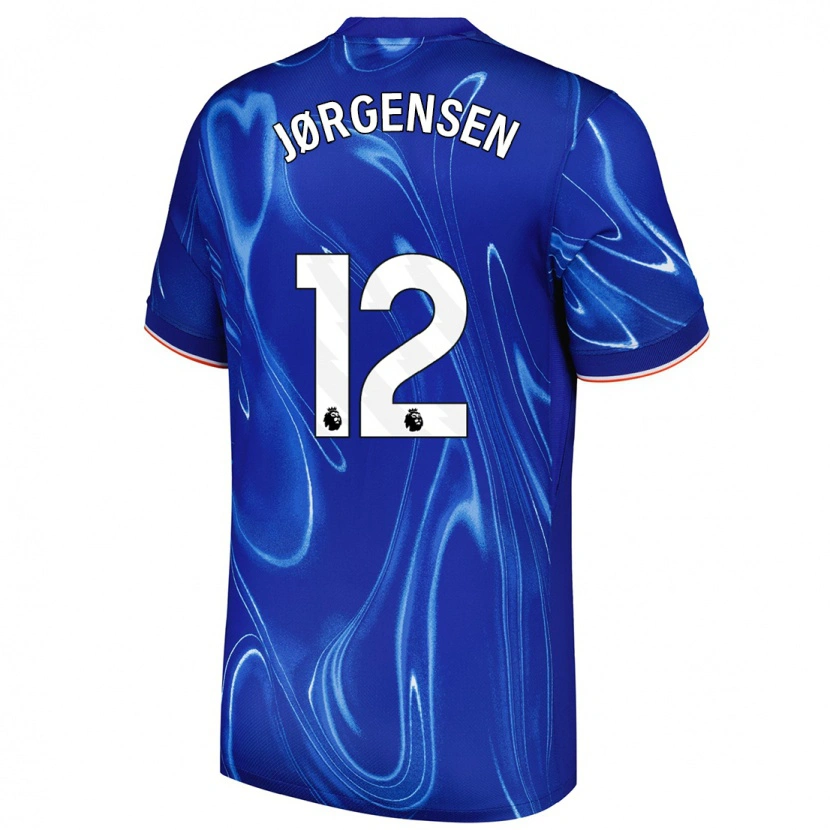 Danxen Homme Maillot Filip Jørgensen #12 Bleu Blanc Tenues Domicile 2024/25 T-Shirt