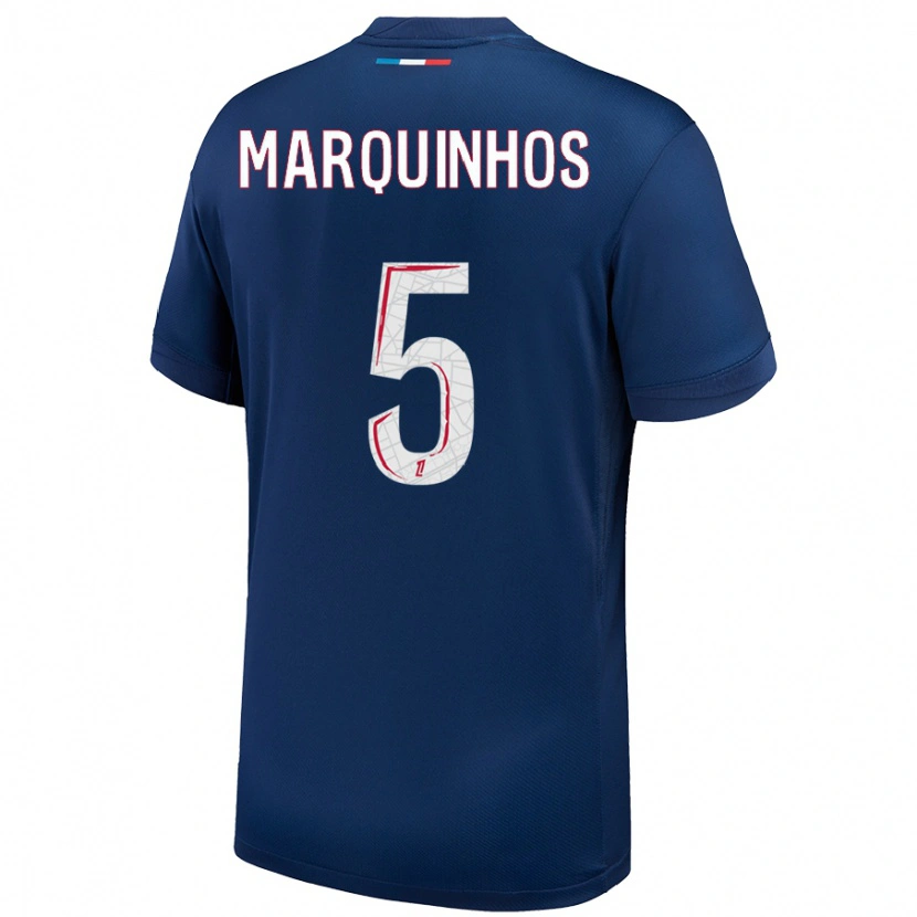 Danxen Homme Maillot Marquinhos #5 Bleu Marine Blanc Tenues Domicile 2024/25 T-Shirt