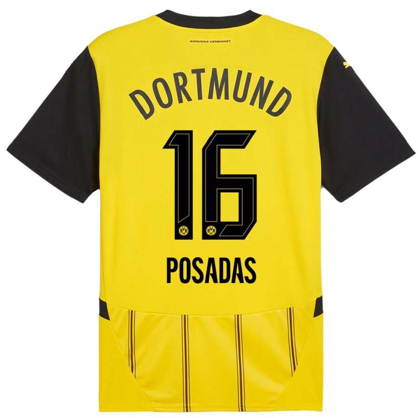 Danxen Enfant Maillot Leonardo Posadas #16 Jaune Noir Tenues Domicile 2024/25 T-Shirt