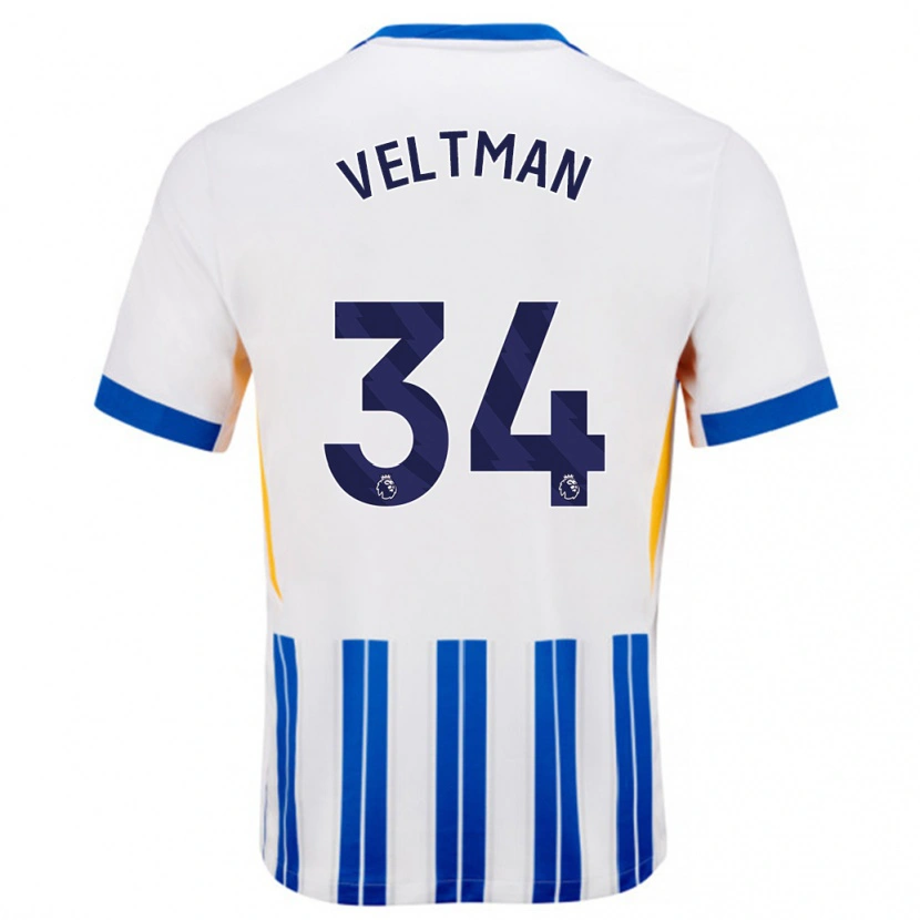 Danxen Enfant Maillot Joël Veltman #34 Blanc Bleu À Rayures Fines Tenues Domicile 2024/25 T-Shirt