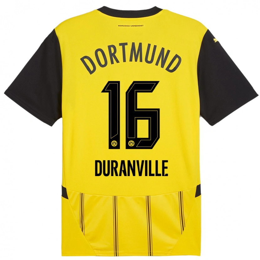 Danxen Homme Maillot Julien Duranville #16 Jaune Noir Tenues Domicile 2024/25 T-Shirt