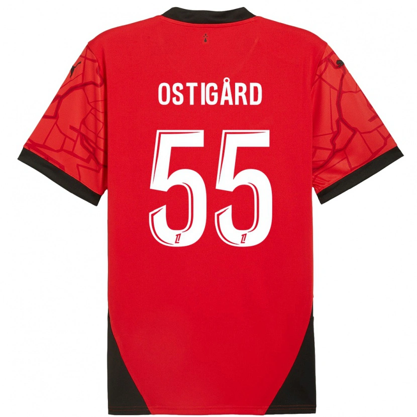 Danxen Enfant Maillot Leo Østigård #55 Rouge Noir Tenues Domicile 2024/25 T-Shirt