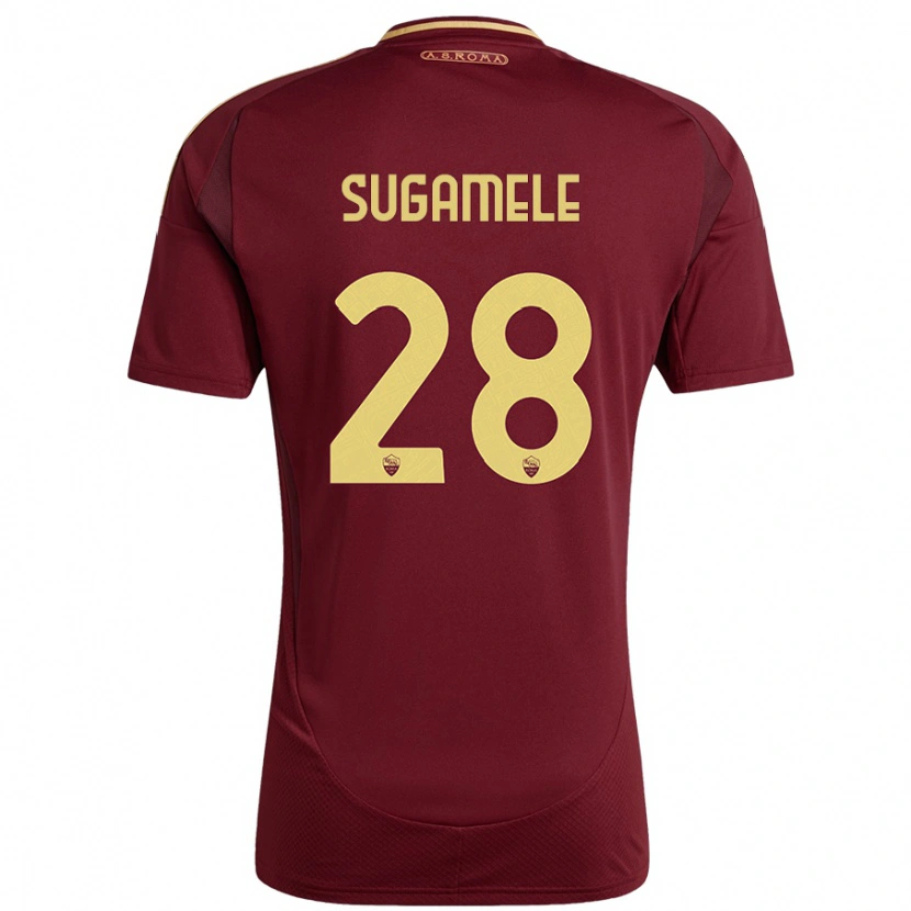 Danxen Enfant Maillot Alessandro Sugamele #28 Rouge Brun Or Tenues Domicile 2024/25 T-Shirt