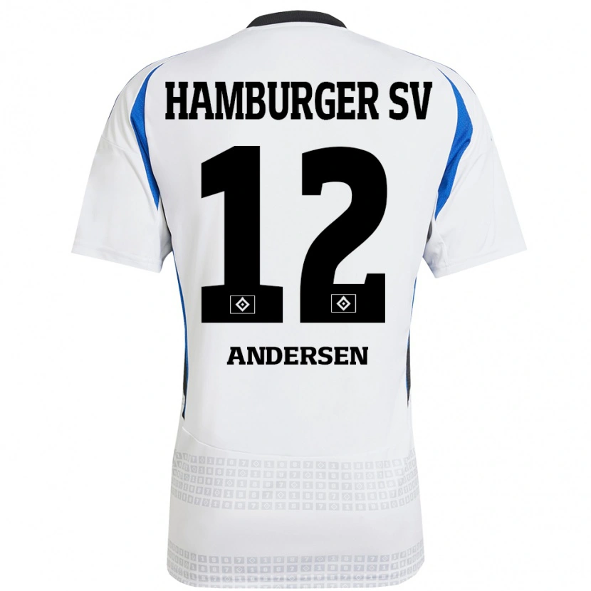 Danxen Enfant Maillot Patrick Andersen #12 Blanc Bleu Tenues Domicile 2024/25 T-Shirt