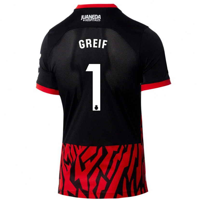 Danxen Enfant Maillot Dominik Greif #1 Noir Rouge Tenues Domicile 2024/25 T-Shirt