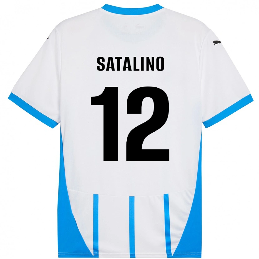 Danxen Enfant Maillot Giacomo Satalino #12 Blanc Bleu Tenues Extérieur 2024/25 T-Shirt