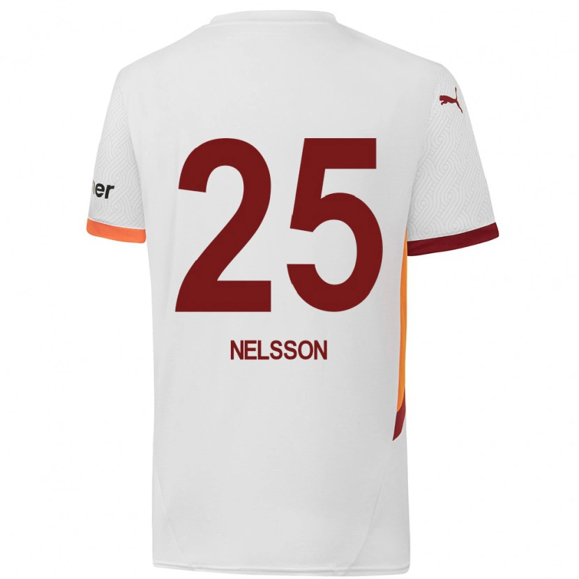 Danxen Enfant Maillot Victor Nelsson #25 Blanc Jaune Rouge Tenues Extérieur 2024/25 T-Shirt