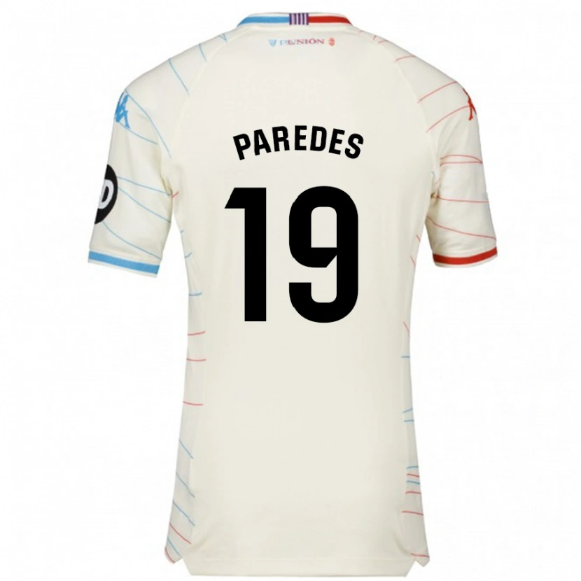 Danxen Enfant Maillot Yago Paredes #19 Blanc Rouge Bleu Tenues Extérieur 2024/25 T-Shirt