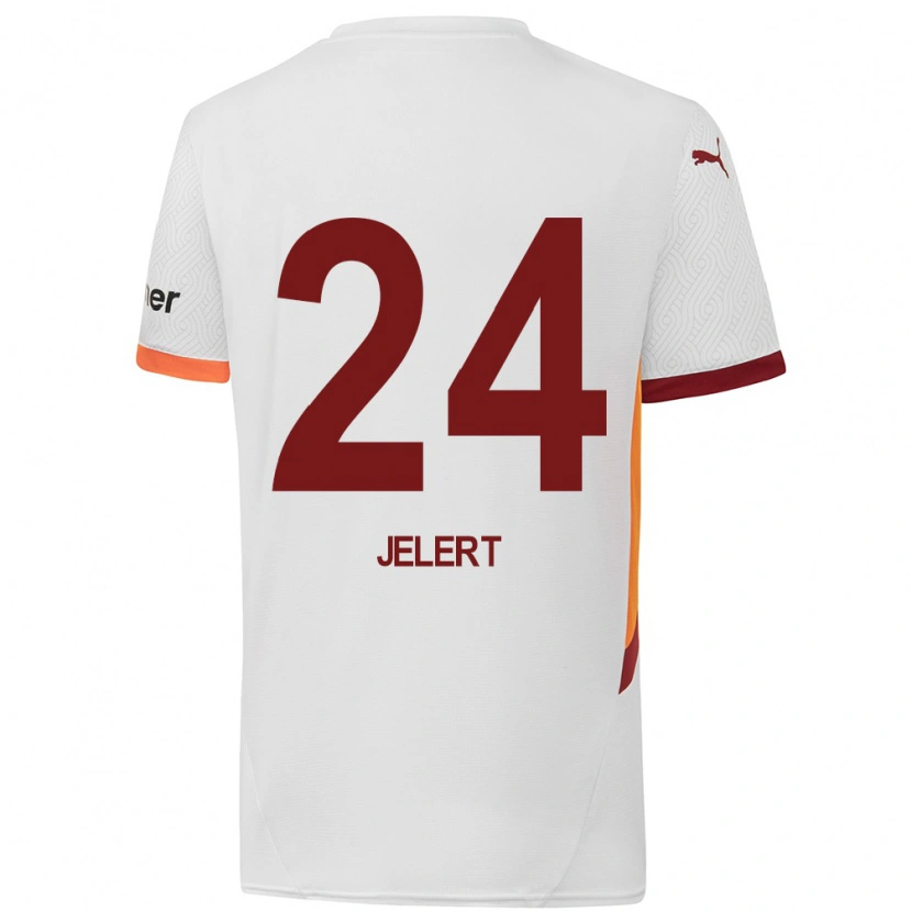 Danxen Homme Maillot Elias Jelert #24 Blanc Jaune Rouge Tenues Extérieur 2024/25 T-Shirt