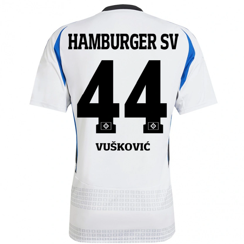 Danxen Femme Maillot Mario Vuskovic #44 Blanc Bleu Tenues Domicile 2024/25 T-Shirt