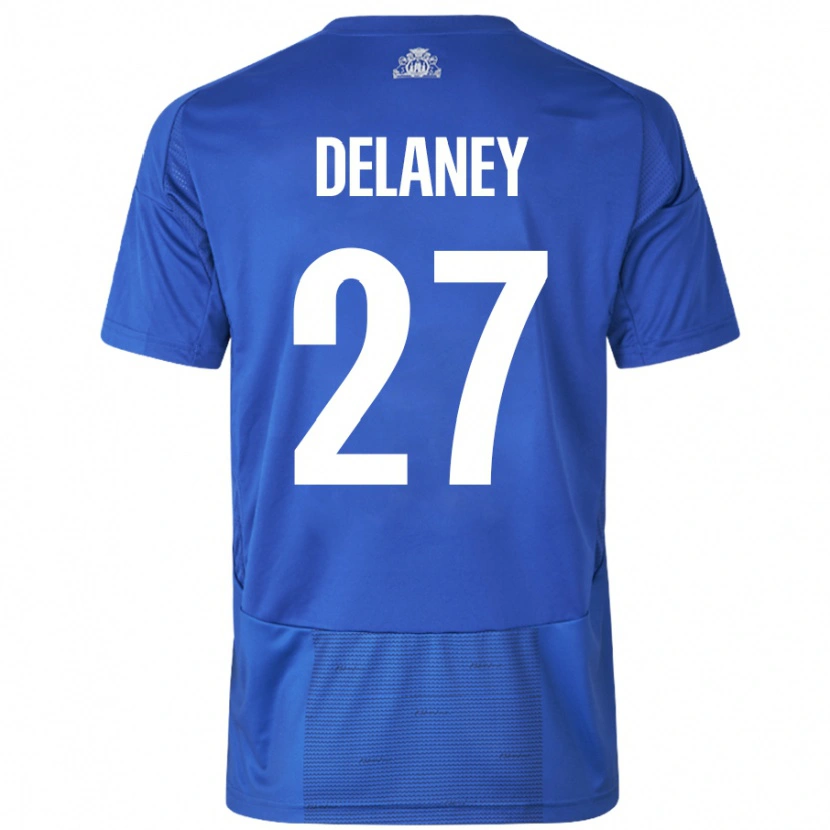 Danxen Enfant Maillot Thomas Delaney #27 Blanc Bleu Tenues Extérieur 2024/25 T-Shirt