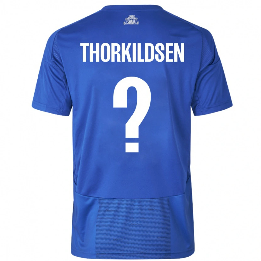 Danxen Homme Maillot Elias Thorkildsen #0 Blanc Bleu Tenues Extérieur 2024/25 T-Shirt