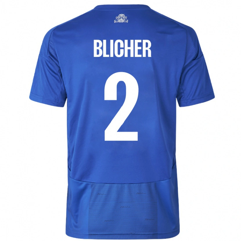 Danxen Homme Maillot Nicolai Blicher #2 Blanc Bleu Tenues Extérieur 2024/25 T-Shirt